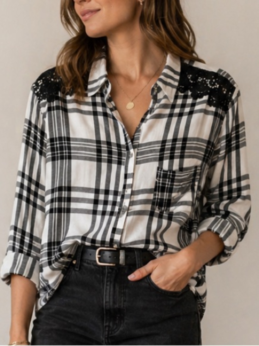 Soho Jeans Button-Down Plaid Shirt with Lace Yoke - Black/White XL